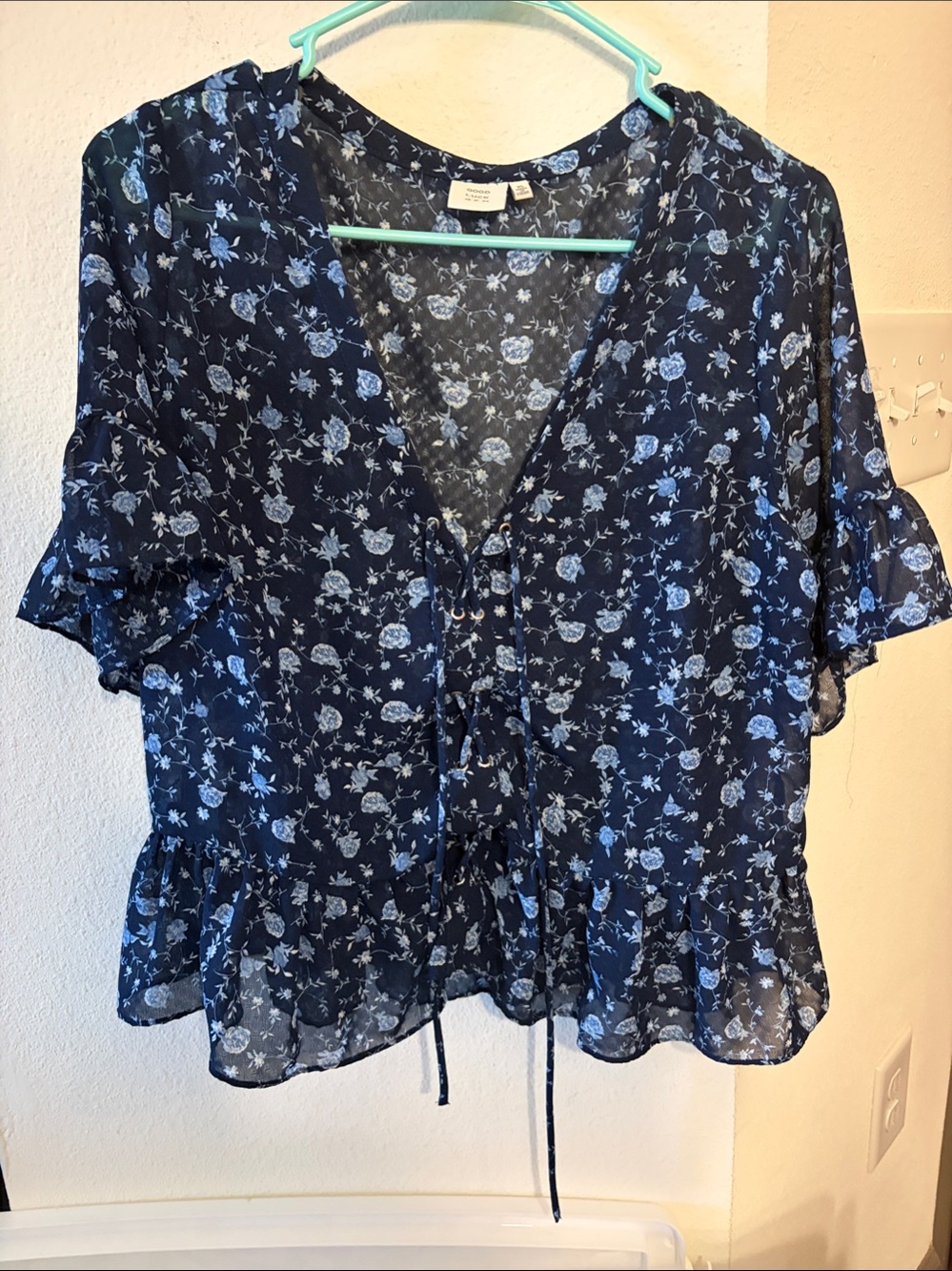 Good Luck Gem Navy Floral Tie-Front Peplum Blouse